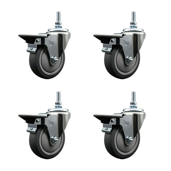 4 Inch Thermoplastic Rubber 3/8 Inch Threaded Stem Caster Set with Brake
