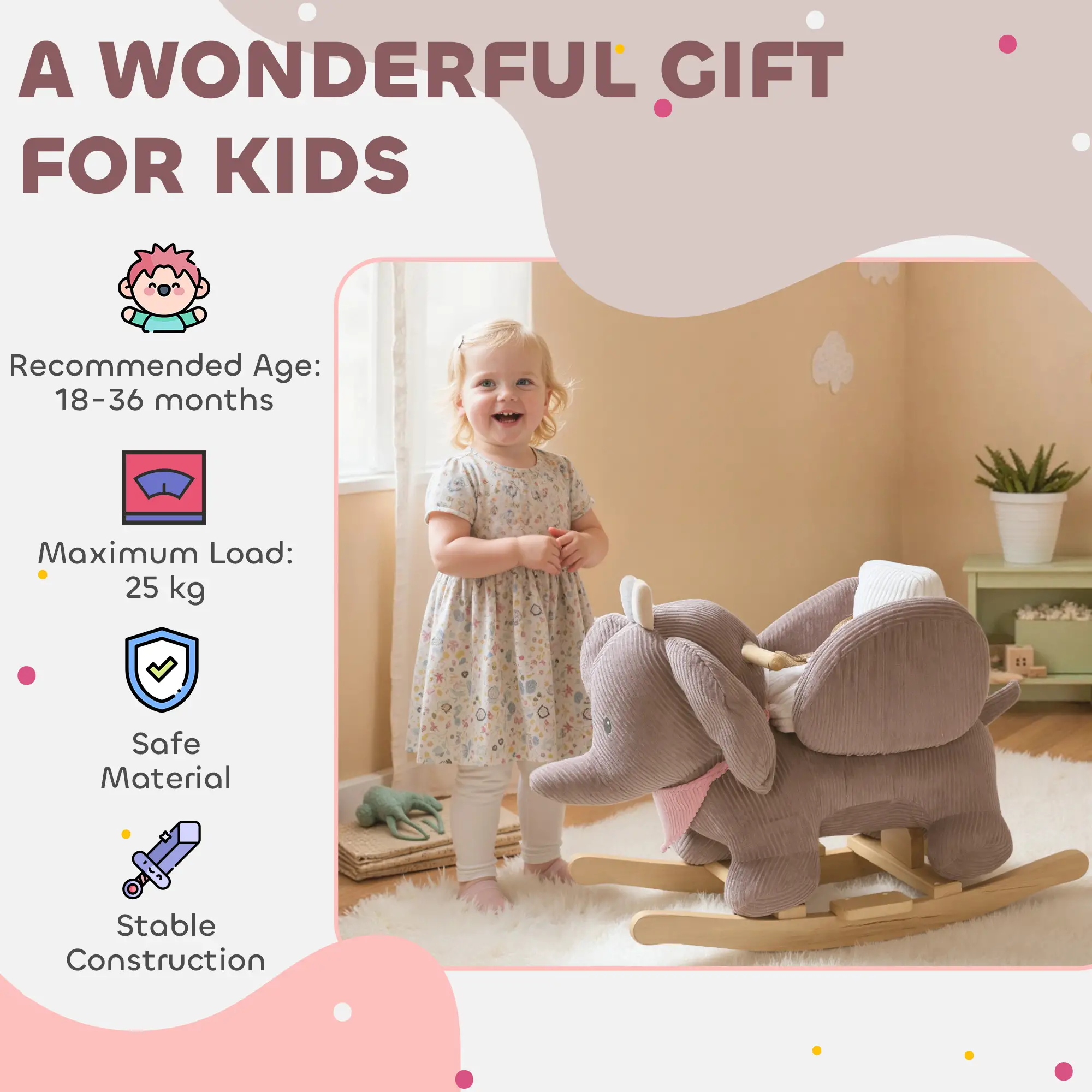 Kid's Plush Elephant Rocking Horse, Brown with Lullaby 3-Point Safety Belt, Solid Wood Base Steel Frame 55 lbs Capacity for 12+ Months 18-36 Months Toddlers