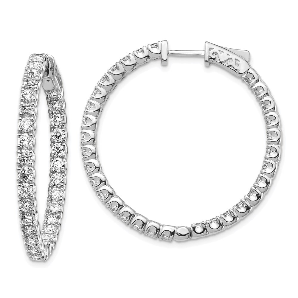 Solid 14k White Gold Diamond Round Hoop Safety Clasp Earrings 28mm (4.