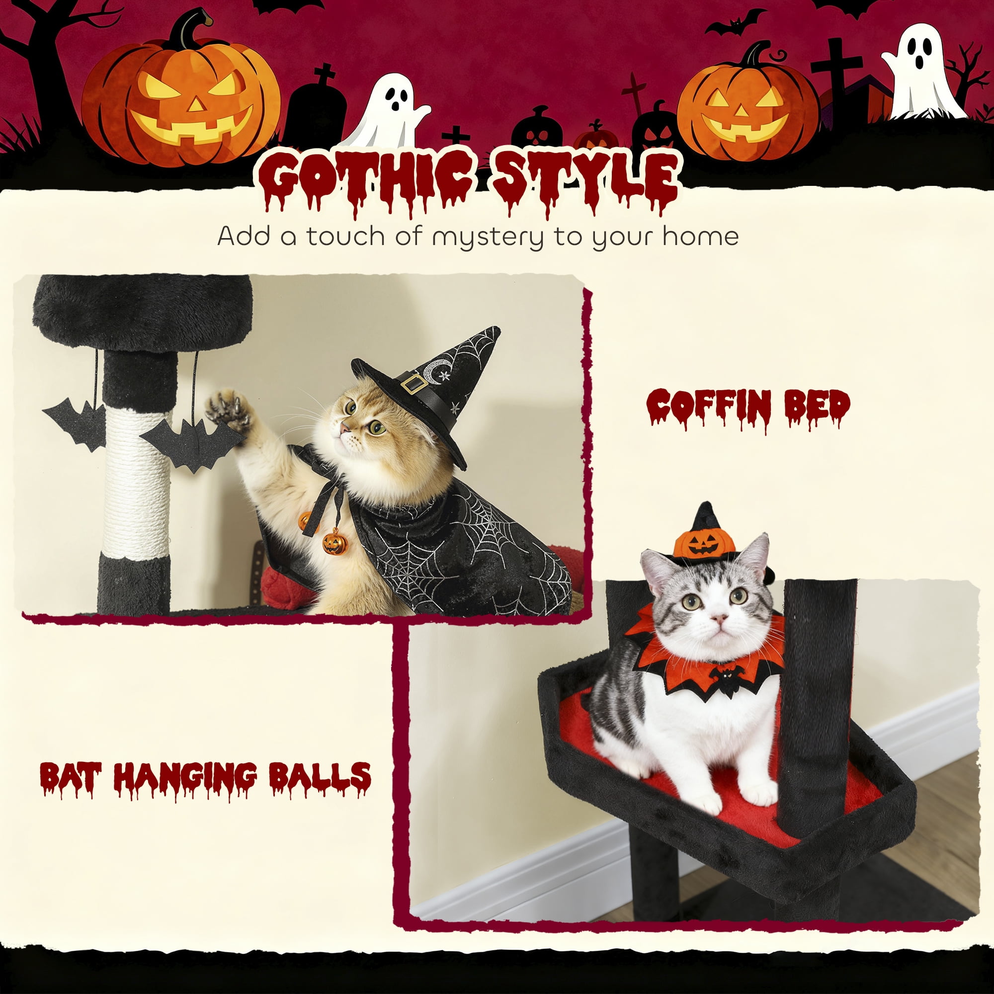 ZephyPaws 78in Gothic Cat Tree ,Tall Cat Tower for Indoor Cats with Top Perch,Spacious Cat Condos,Bat Hanging Balls,Comfy Hammock,Scratching Post and Ladder,Black