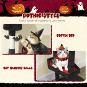 PawHut Gothic Cat Tree, 78 Cat Tower with Coffin Bed, 2 Spacious Condos, Sisal Scratching Posts, 4 Bat Hanging Balls, Comfy Hammock, Black Halloween