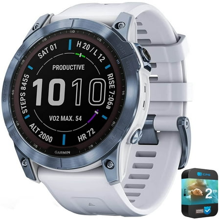 Garmin 010-02541-14 Fenix 7X Sapphire Solar Smartwatch Mineral Blue Titanium with Whitestone Band Bundle with 2 YR CPS Enhanced Protection Pack