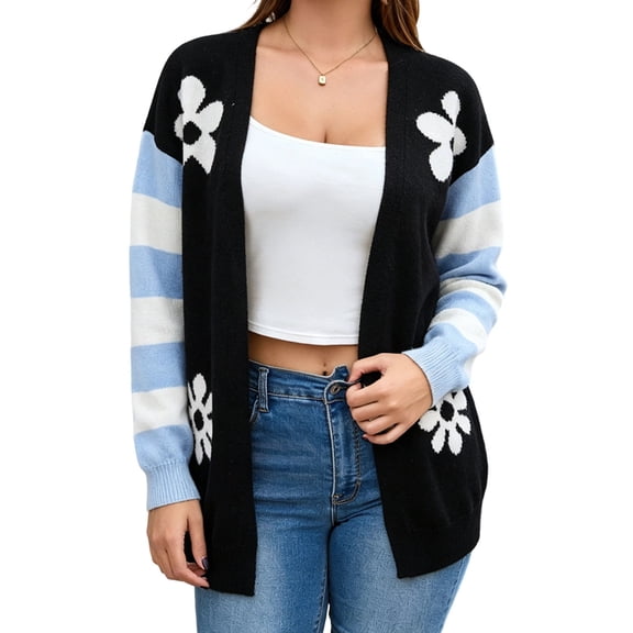 WRKEKC Cardigan Sweaters for Women Color Block Long Sleeve Open Front Loose Fit Knit Cardigan with Pockets