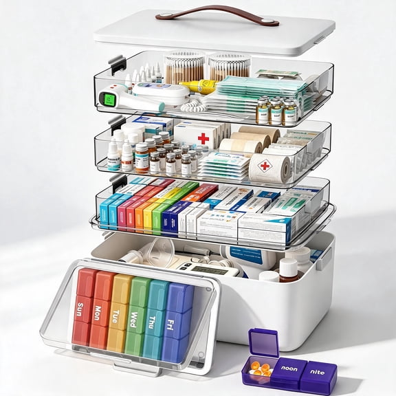 Maoface 4-Tier First Aid Storage Box with Handle, Large Capacity Medicine Organizer for Pills & Vitamins, Includes Removable 7-Day × 3-Times-Daily Pill Organizer for Home & Travel
