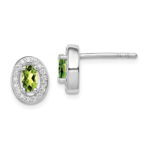 925 Sterling Silver Rhod-plated Light Green and White CZ Oval Stud Earrings; for Adults and Teens; for Women and Men