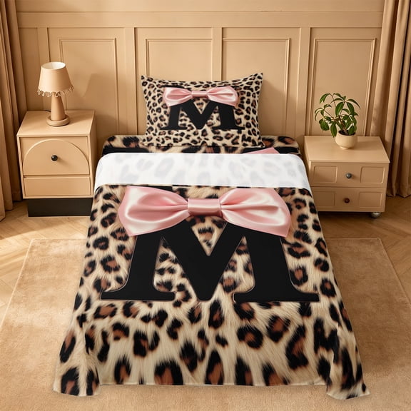 Erosebridal Chic Cheetah Printed Twin Sheet Sets For Kids,Black Letter M Monogrammed Bedding 3 Pieces