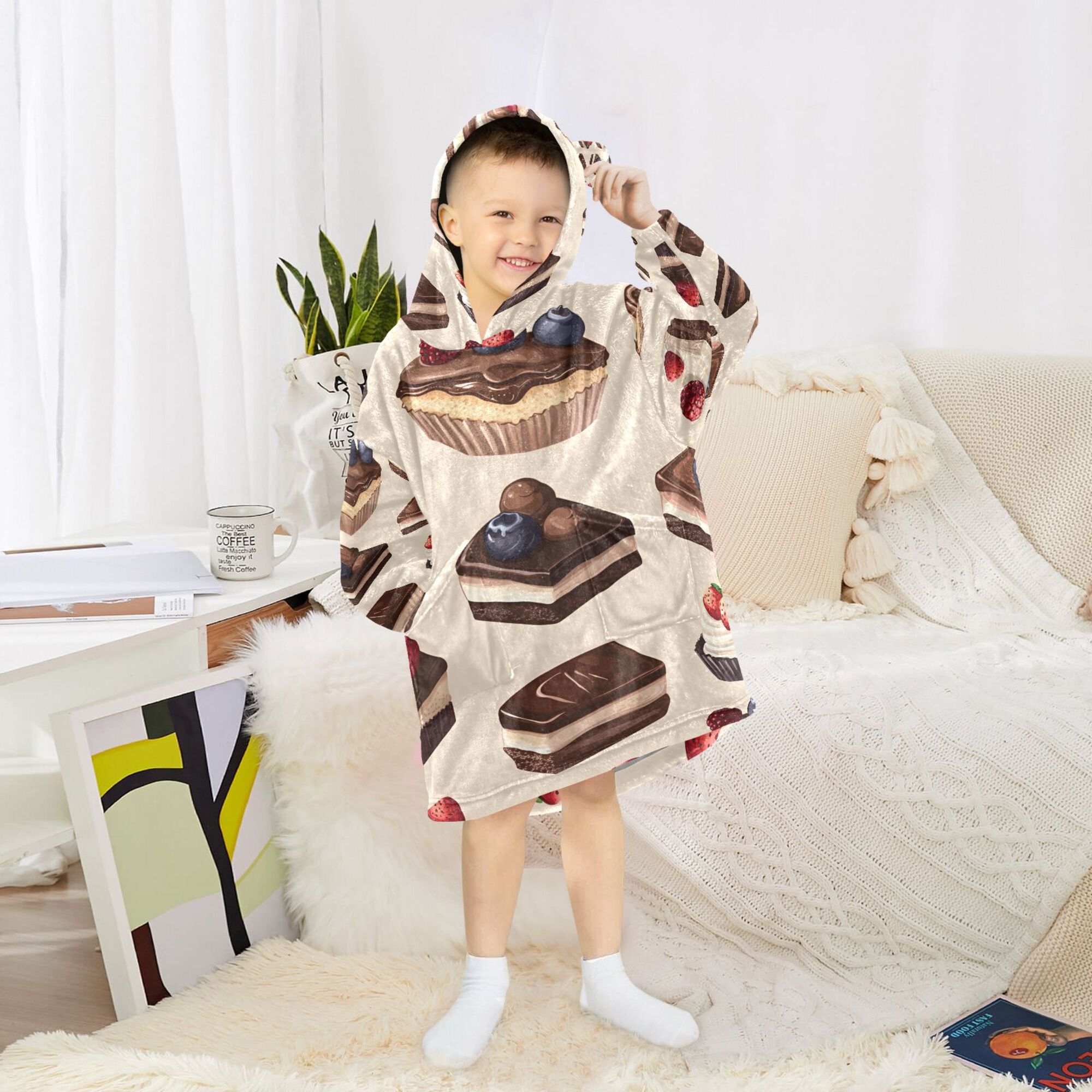 FORMRS Wearable Blanket Hoodie with Sleeves for Kids Cozy Flannel Sweatshirt, Blue Cakes