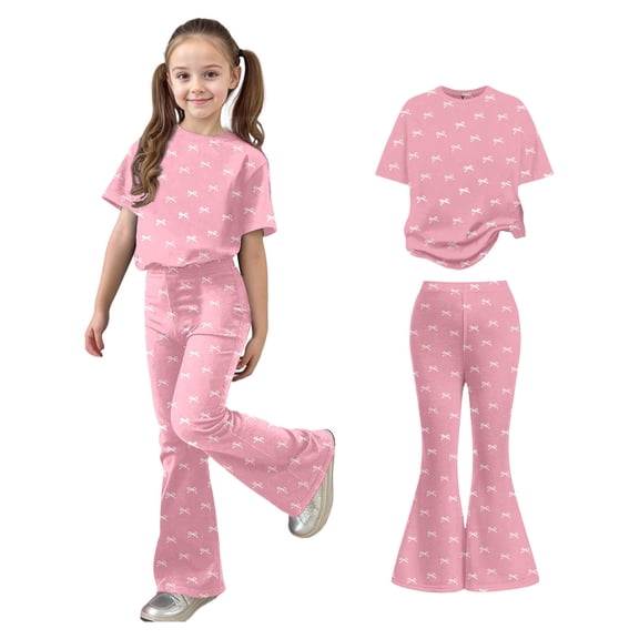 Two Piece Set for Girls Short Sleeve Bow T-Shirt Top and Flared Pants Set Summer Outfits Girls Clothes 8-9 Years