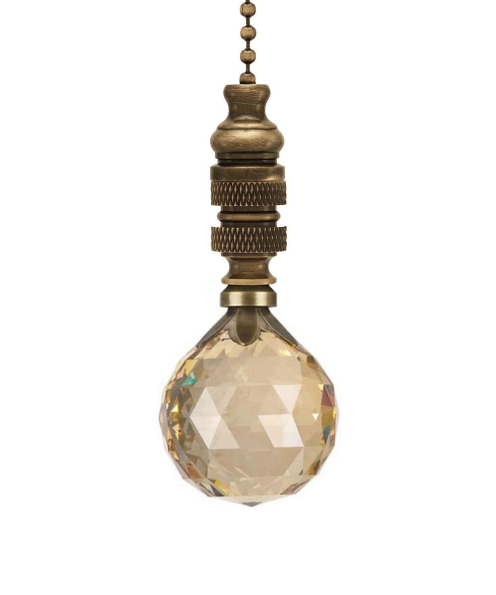 Stephanov Faceted Champagne Crystal Ball Ceiling Fan Pull, 2.25'h with 12' Antiqued Brass Chain