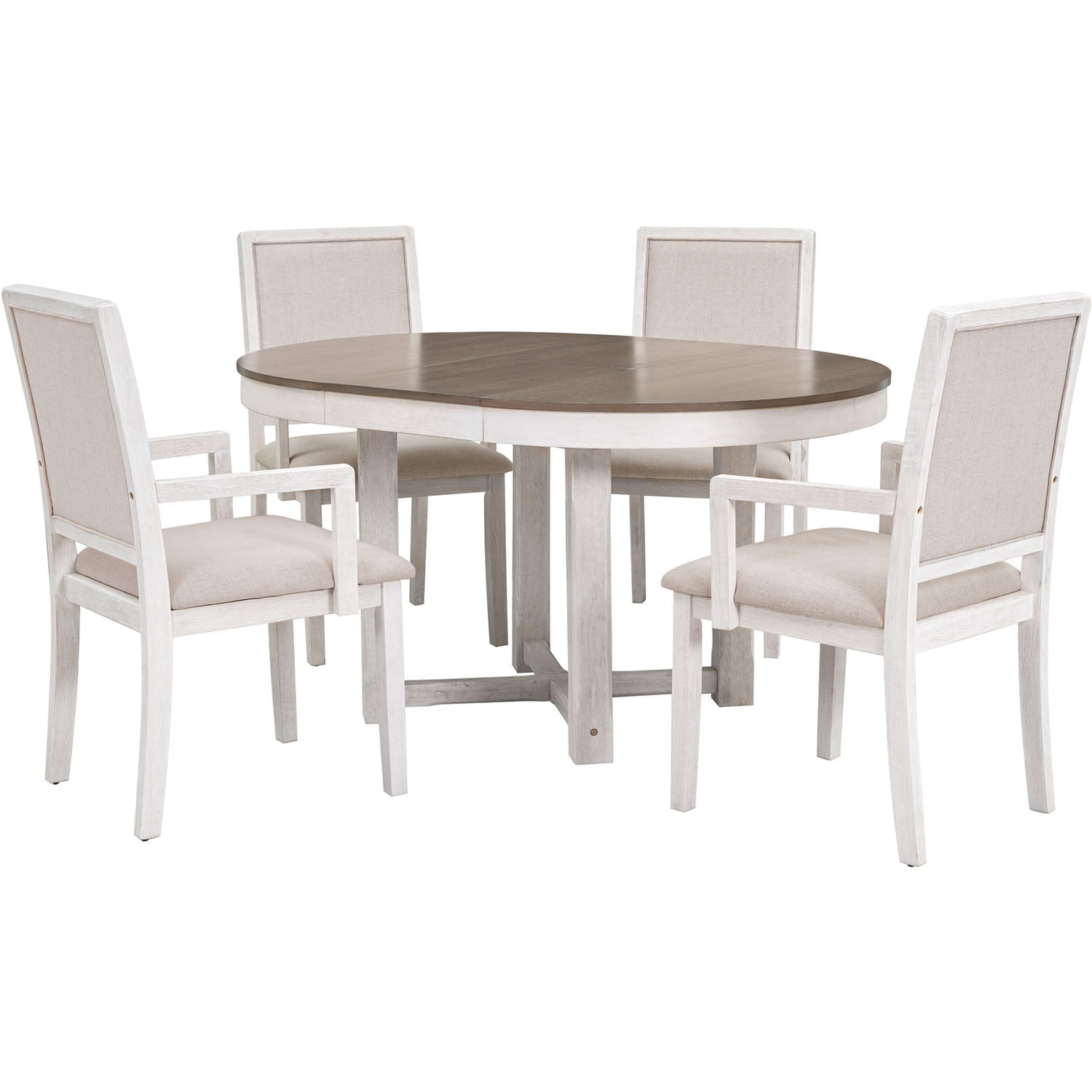 Kadyn 5-Piece Dining Table Set, 4 Upholstered Dining Chairs with Armrests, Extendable Butterfly Leaf Wood Dining Table, Brown+White