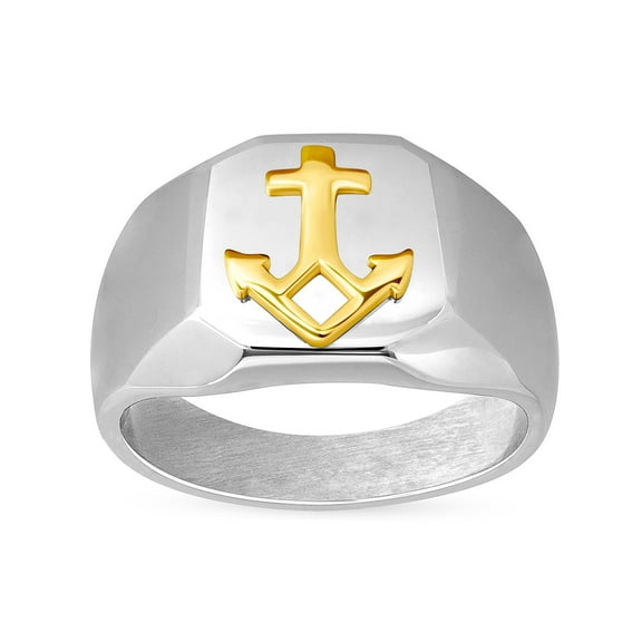 14K Gold Polished Anchor on Stainless Steel Octagon Signet Ring Size 8, Nautical Men's Ring Jewelry