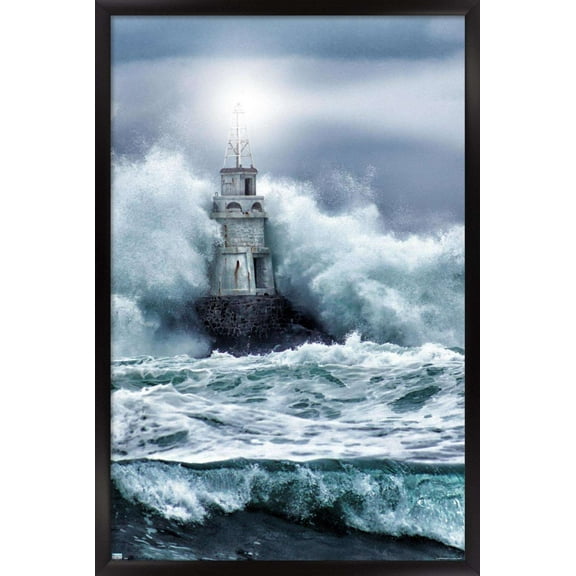 Lighthouse in the Storm Wall Poster, 14.725" x 22.375", Framed