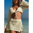 thumbnail image 3 of Womens Crochet Swimsuit Coverups 2 Piece Bathing Suit Cover Up Long Sleeve Tie Front Crop Top Mini Skirt Sets  S, 3 of 6