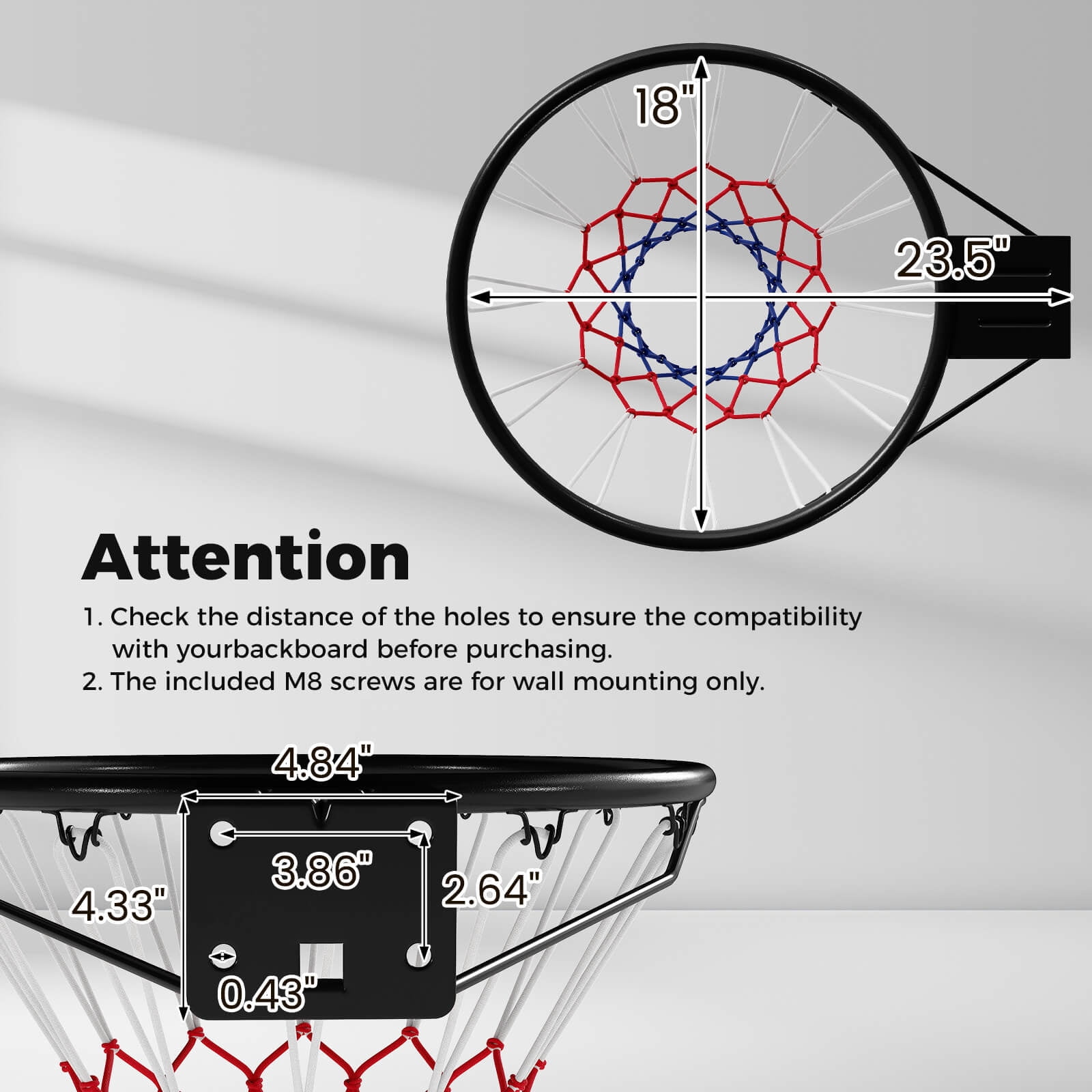 Costway 18" Basketball Rim with Double Springs & All Weather Net for Indoor & Outdoor Black