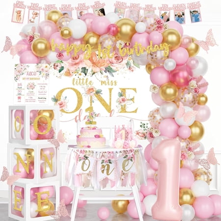Baby Girl 1st Birthday Decorations First Birthday Decorations for Girl Little Miss Onederful Backdrop Balloon Banner Boxes Crown for Pink One Year Old Birthday Party Supplies