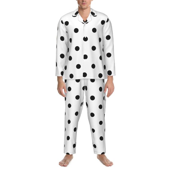 Mens Pajamas Set - Black Polka Dots White Comfy Long Sleeve Button Up Pajama Sets for Men 2 Piece, Soft Sleepwear Nightwear Pjs Lounge Sets for Men with Pockets