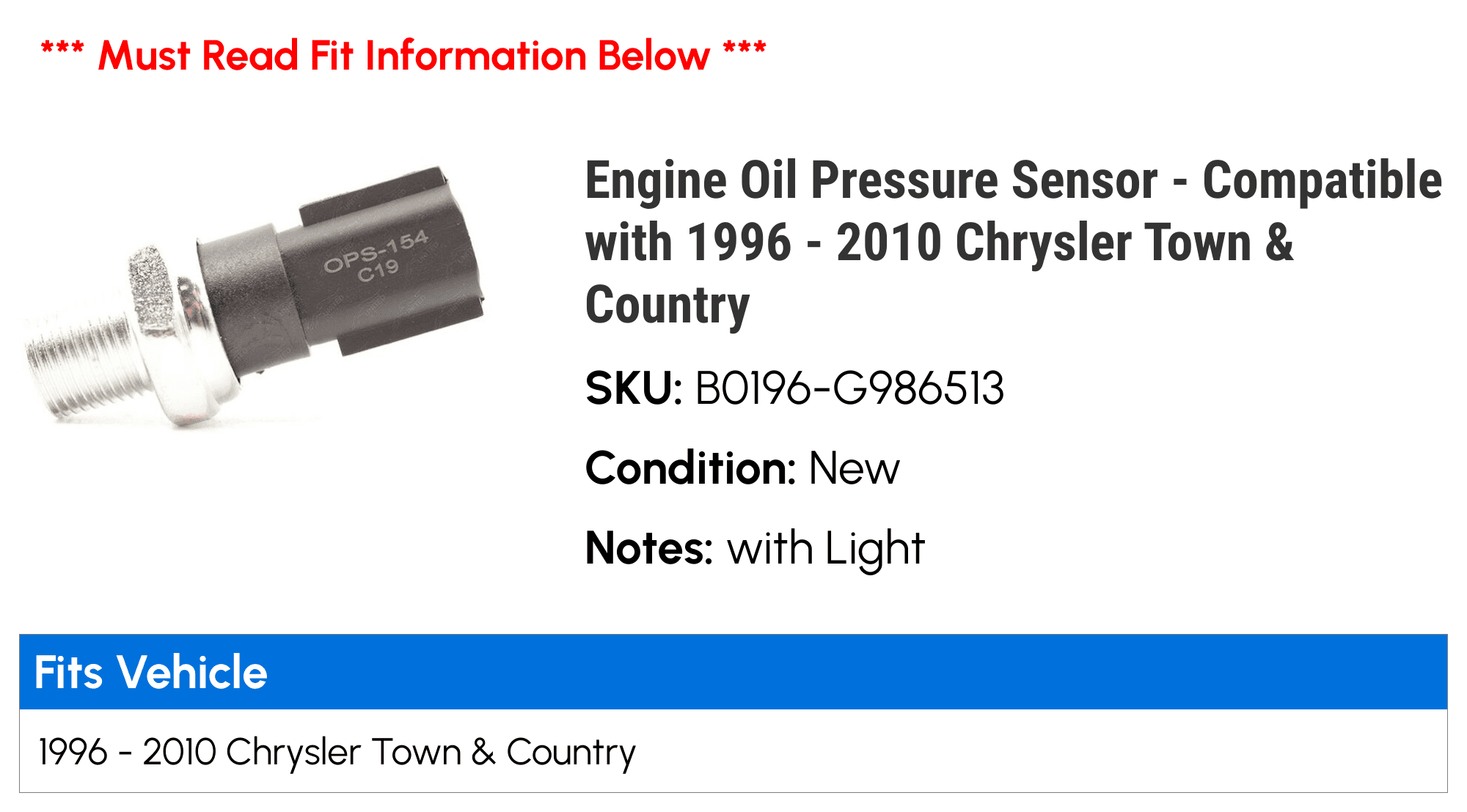 Engine Oil Pressure Sensor - Compatible with 1996 - 2010 Chrysler Town & Country 1997 1998 1999 2000 2001 2002 2003 2004 2005 2006 2007 2008 2009