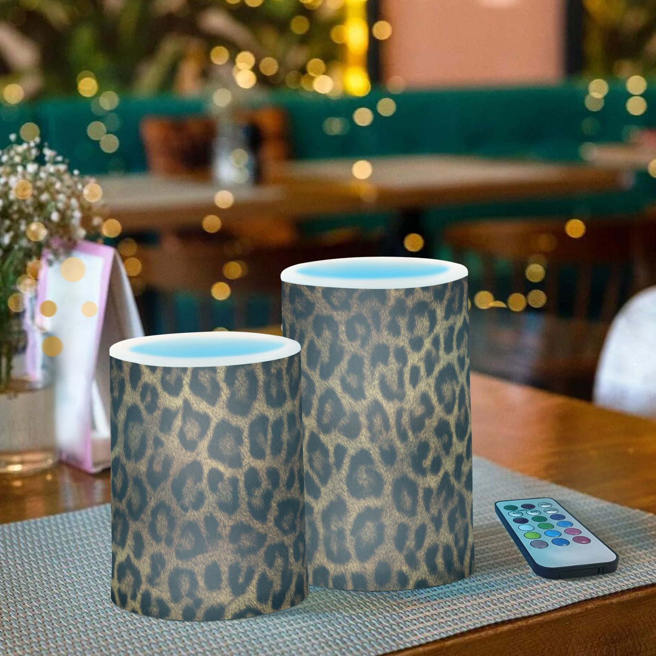 Beautiful Leopard Print Flickering Flameless Candles Battery Operated with Remote Timer LED Pillar Candles Set of 2