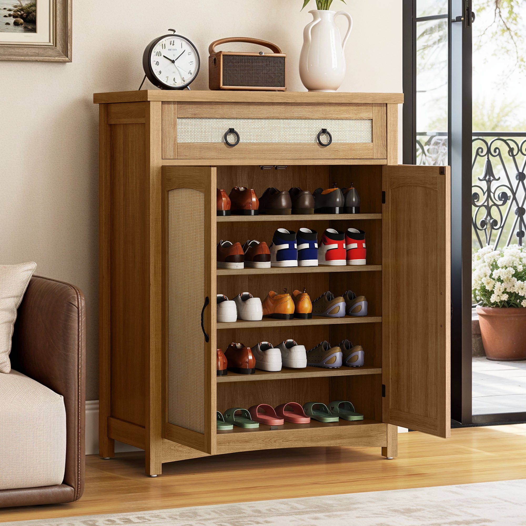 Uforic Shoe Cabinet with Drawers& Door, Rattan Freestanding Shoe Rack Organizer for Entryway, Oak