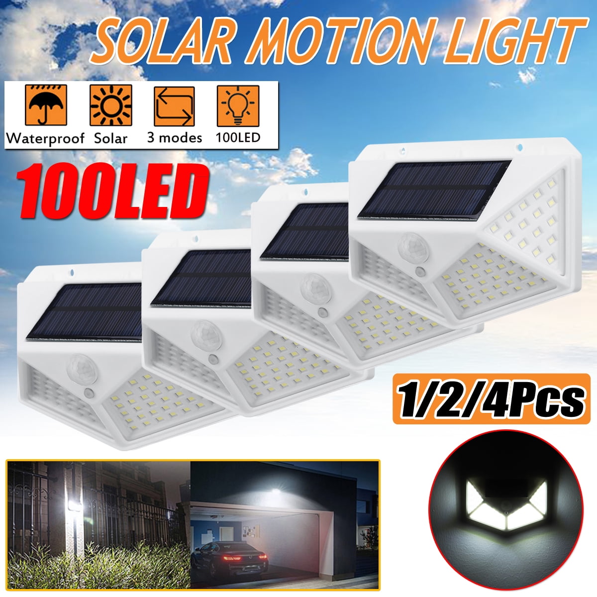 100 LED Solar Power Sensor Light PIR Motion Garden Security Flood Wall Lamp