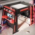 thumbnail image 5 of Mirightone Queen over Queen Bunk Bed with Gaming Desk and Storage Shelves, Wooden Queen Gaming Bunk Bed with LED Light & Charging for Gamer - Black+Red, 5 of 8