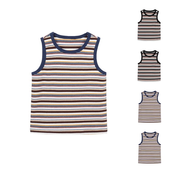 HVOBTTY Summer Toddler Girl's Sleeveless Crew Neck Tank Top Striped Print Rib Knit Layering Daily Wear