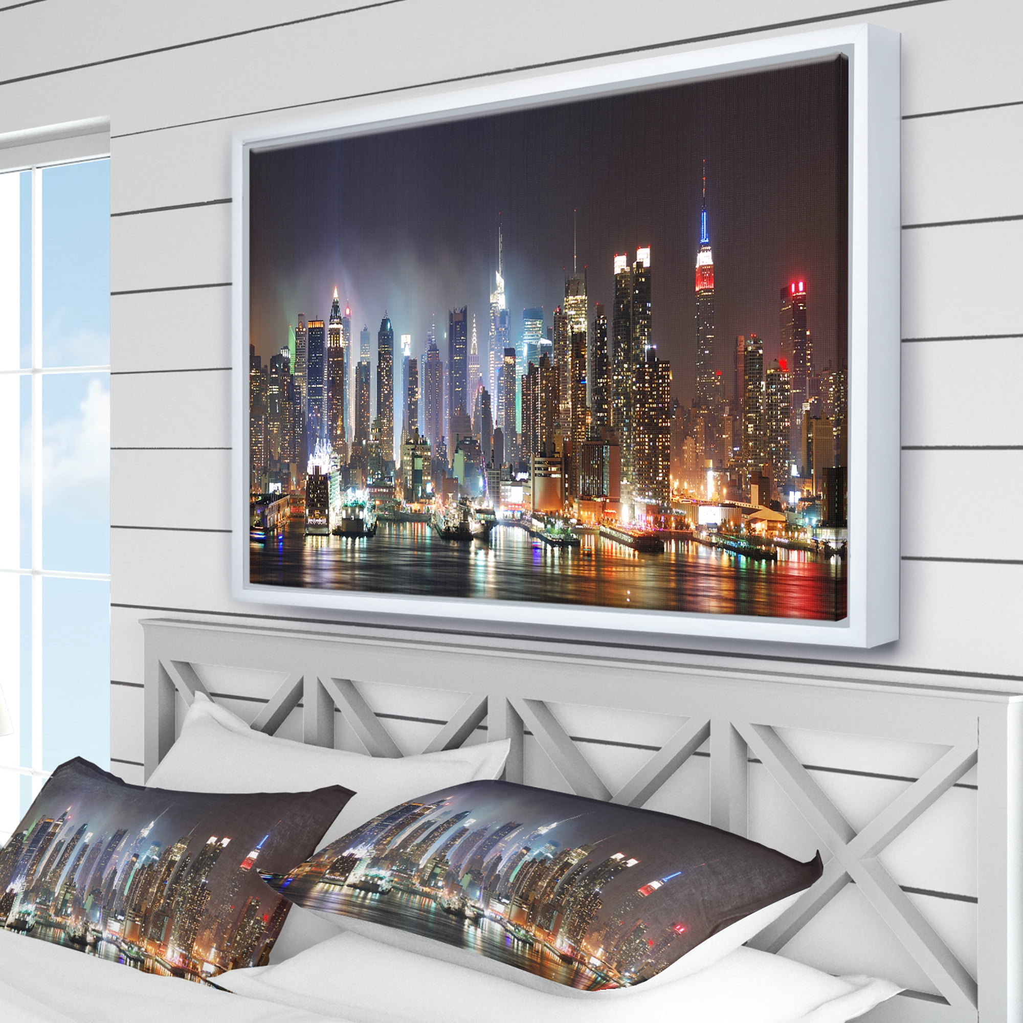Designart ' Lit NYC Manhattan Skyline ' Cityscape Photo Framed Canvas Print