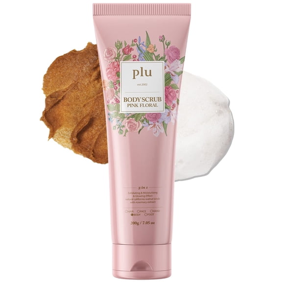 PLU Exfoliante corporal de nuez floral rosa con miel de Manuka - Exfoliante, humectante y reafirmante - para acné, celulitis, estrías, arañas vasculares, aroma fresco y elegante a rosa, 6.76 oz.