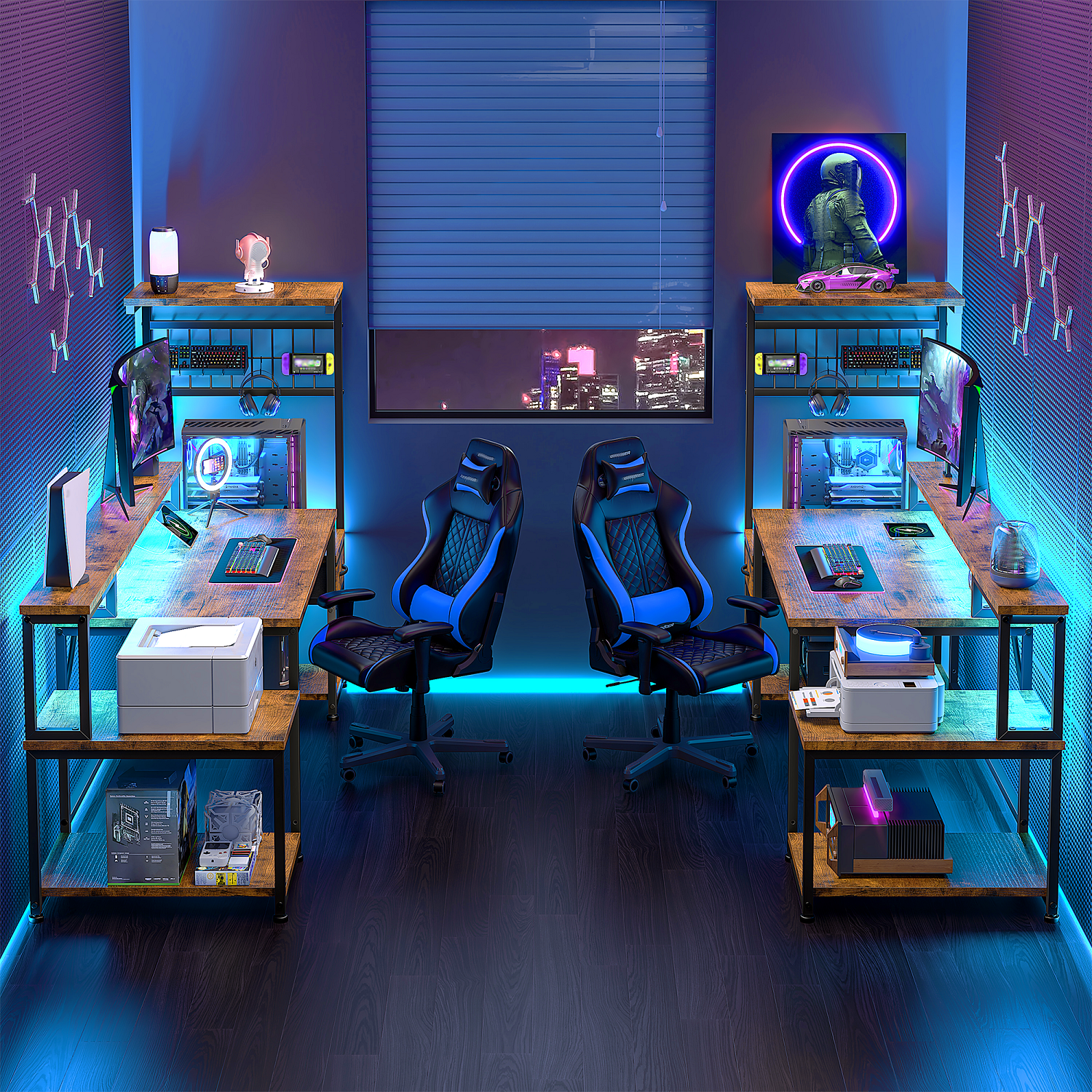 Romorgniz 63"W Gaming Desk Computer Desk with Hutch Corner Desk with LED Lights， Outlets & Monitor Stand for Gaming,Studying,Home Office Desks,Rustic Brown
