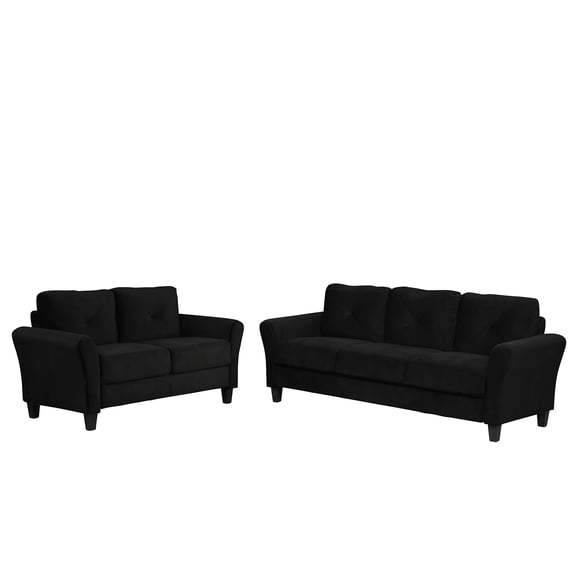 Living Room Sofa Set with Loveseat and 3 Seating Sofa, Upholstered Loveseat Couch Fabric 3 Seater Sectional Sofa Set with Wood Legs, Black