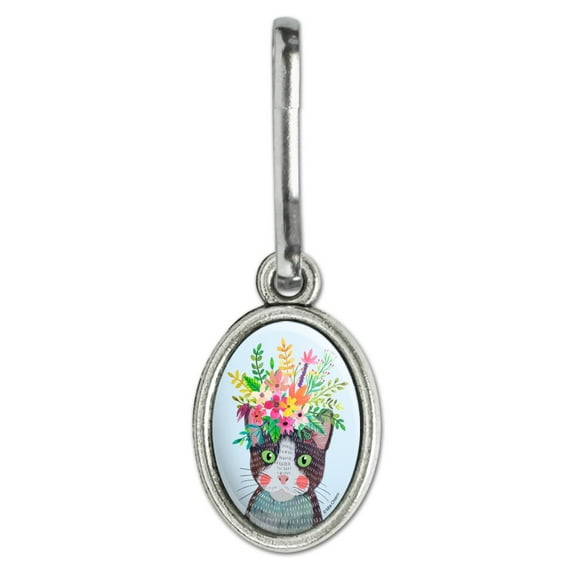 Intense Cat with Flower Hair Antiqued Oval Charm Clothes Purse Suitcase Backpack Zipper Pull Aid