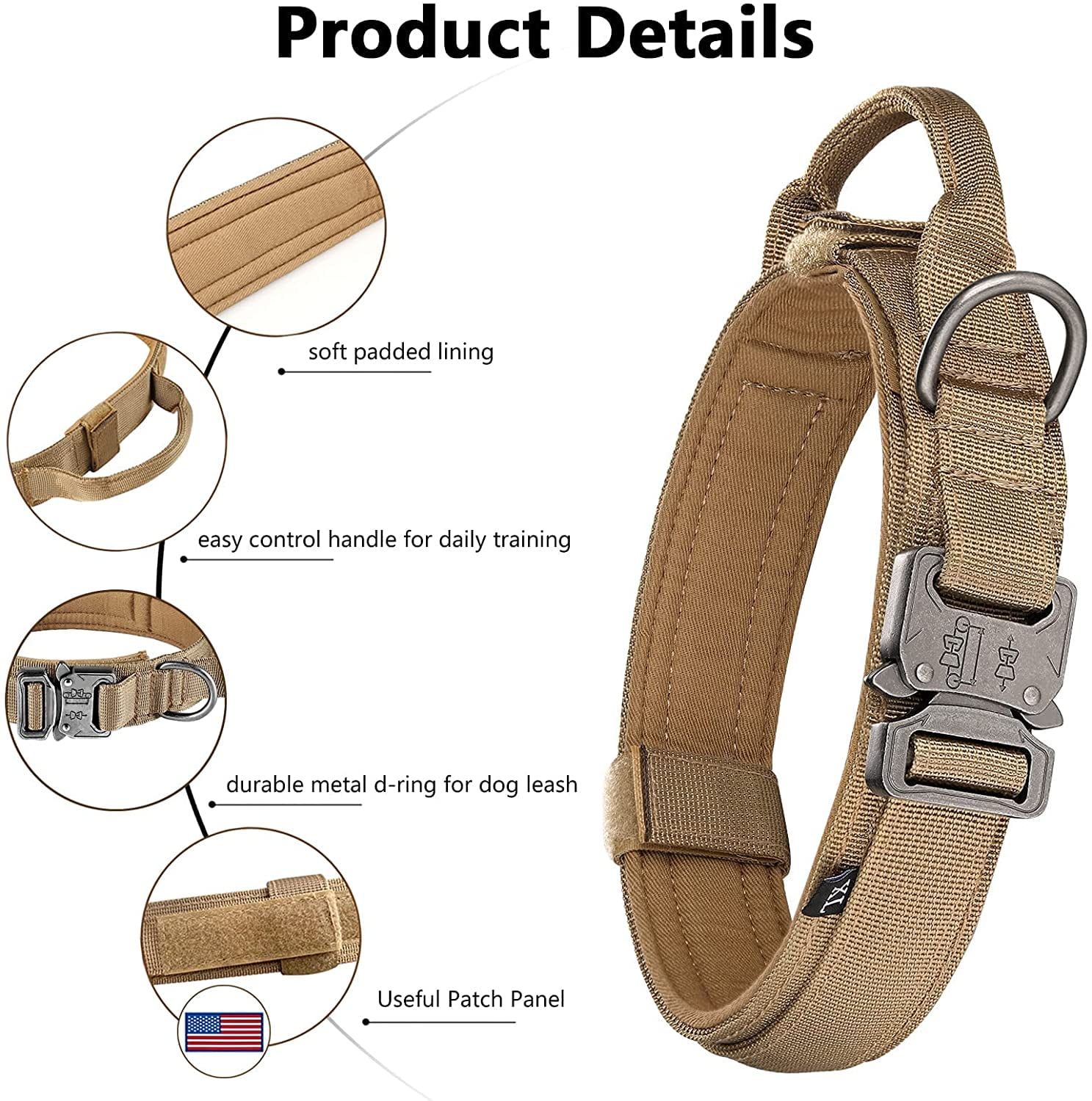 Tactical Dog Collar, Adjustable Military Training Nylon Dog Collar with Control Handle and Heavy Metal Buckle for Medium and Large Dogs, with Patches and Airtags Case