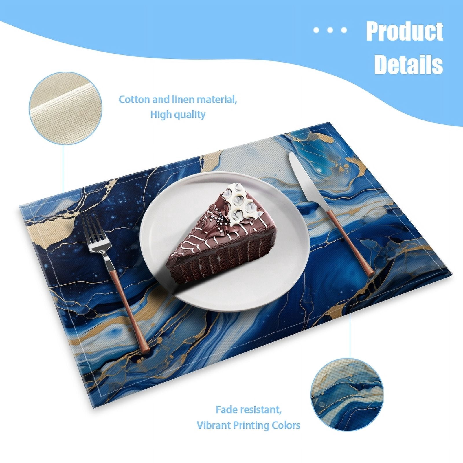BaHomeck placemats Set of 4 Abstract Blue And White Marble Pattern With Gold Accents Cotton Linen rectangle Placemats for Kitchen Dining Table Indoor,Outdoor,18*12inch