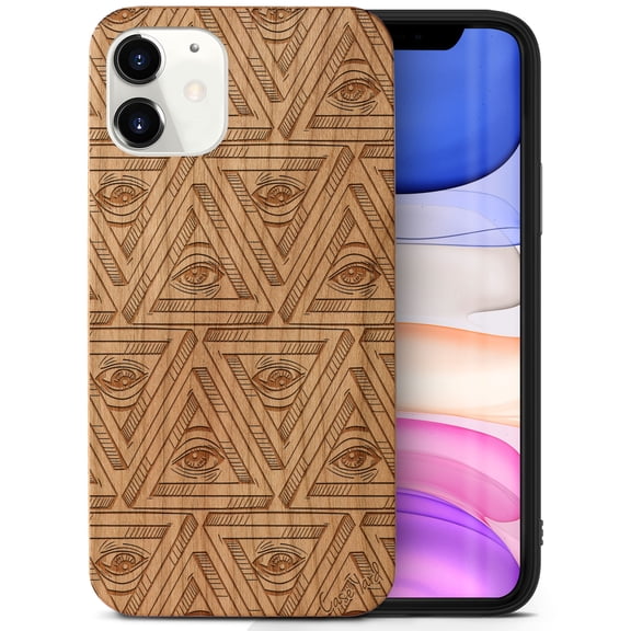 Case Yard Wooden Case Outside Soft TPU Silicone, Slim Fit Shockproof Wood Protective Phone Cover for Girls Boys Men and Women, Supports Wireless Charging All Seeing Eyes Design case for iPhone-11
