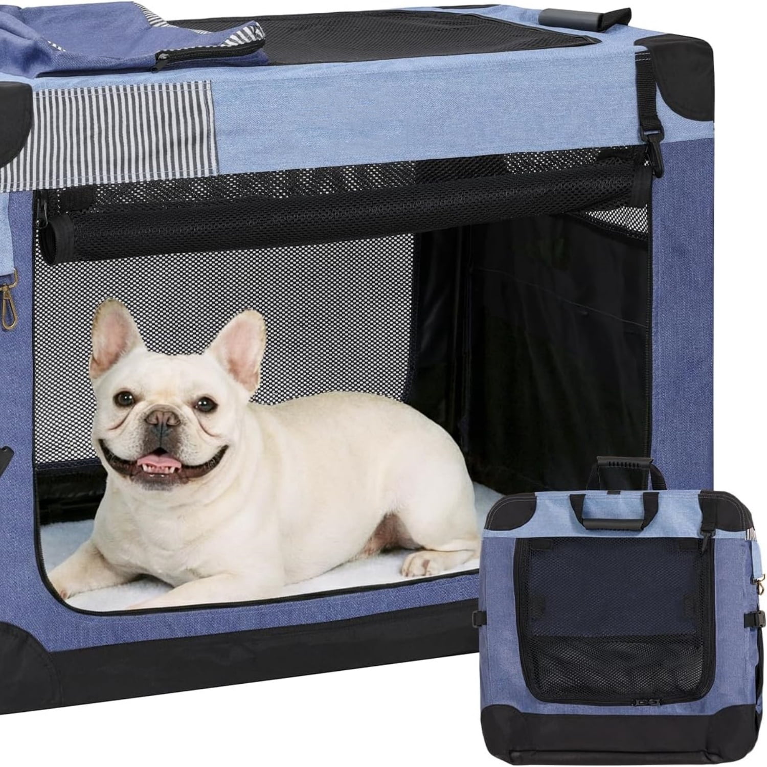 Pet Soft Collapsible Dog Crate - 26 Inch Portable Travel Dog Crate for Puppy/Small Dogs Indoor & Outdoor, 3-Door Pet Crate with Durable Mesh Windows & Storage Bag, Blue