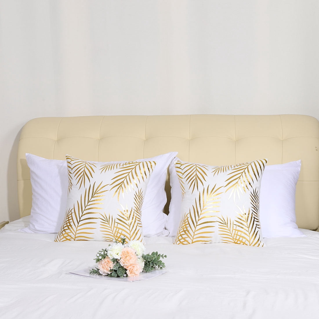 Unique Bargains Gold Stamping Soft Outdoor Square Throw Pillow Covers Pine Leaves 2pcs