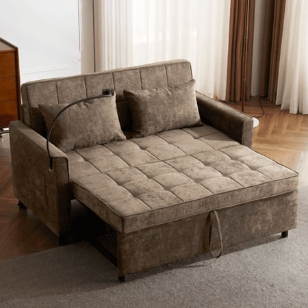 57" Adjustable Convertible Loveseat Sleeper Sofa Bed, Pull-Out Loveseat with Chenille Fabric, Convertible Sofa Bed Couch with USB Ports for Living Rooms, Brown