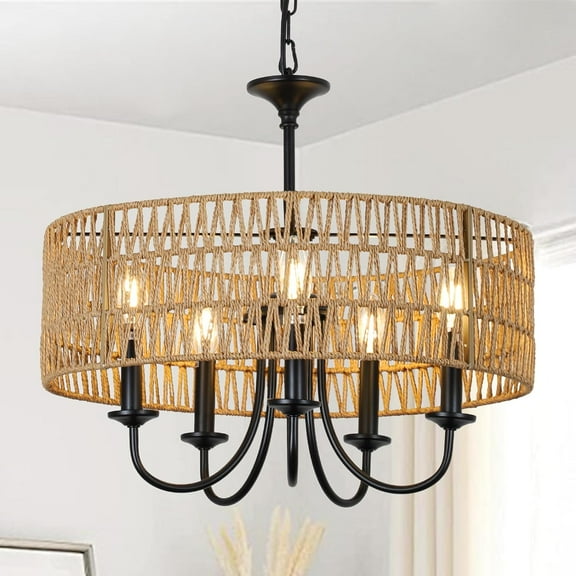 Modern Farmhouse Chandelier Light Fixtures, 5-Lights Large Rattan Pendant Lighting with Hand Woven Wicker Shade, Boho Black Chandeliers for Dining Room