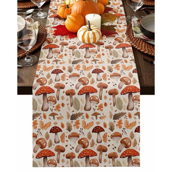 Fall Table Runner Thanksgiving Mushroom Table Runners Autumn Leaf Farmhouse Cotton Linen Dresser Scarf Kitchen Dining Table Decor for Fall Holiday Party Decor 13x36 Inch