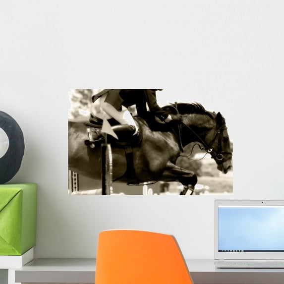 Equestrian Jumping Action Sepia Wall Mural by Wallmonkeys Peel and Stick Graphic (18 in W x 12 in H) WM256319