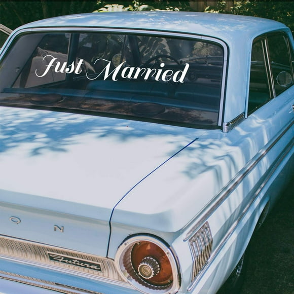 Vinyl Wall Art Decal - Just Married - 4" x 25" - Text Couples Wedding Reception Home Car Windshield Sticker - Marriage Wedlock Family Love Gifts Window Mirror Decor