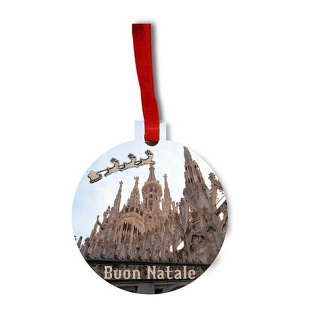 Cathedral Santa - Santa and Sleigh Riding Over The Milan Cathedral (Duomo) TM Flat Round-Shaped Hardboard Holiday Tree Ornament Made in the USA