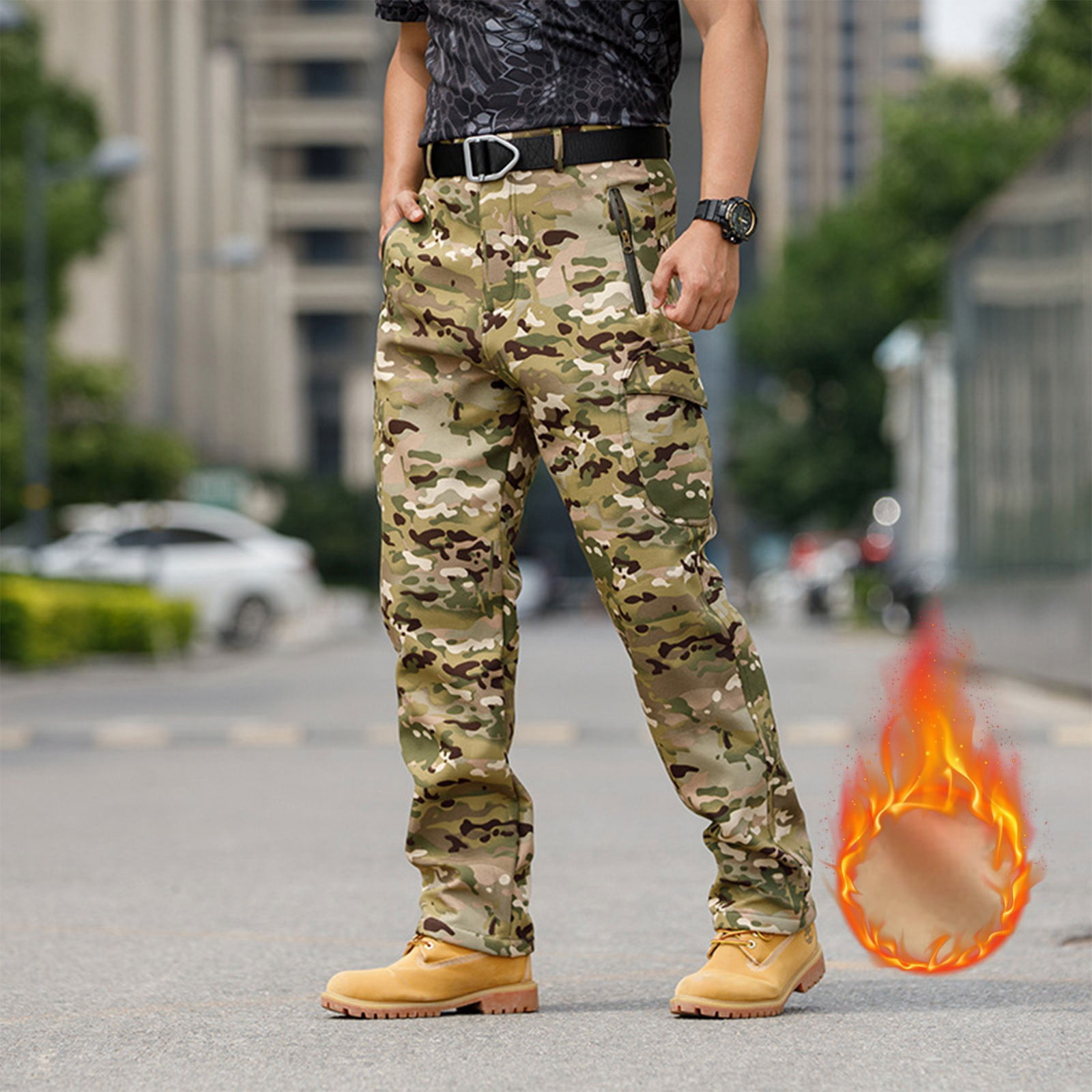 Men's Hiking Cargo Pants Fleece Lined Softshell Hiking Pant with Pockets Water Resistant Outdoor Winter Snow Ski Camo Pants