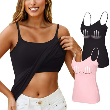 2 Piece Womens Tank Tops with Built In Bra Camisole Adjustable Spaghetti Strap Tank Tops Yoga Workout Plus Size Padded Undershirts