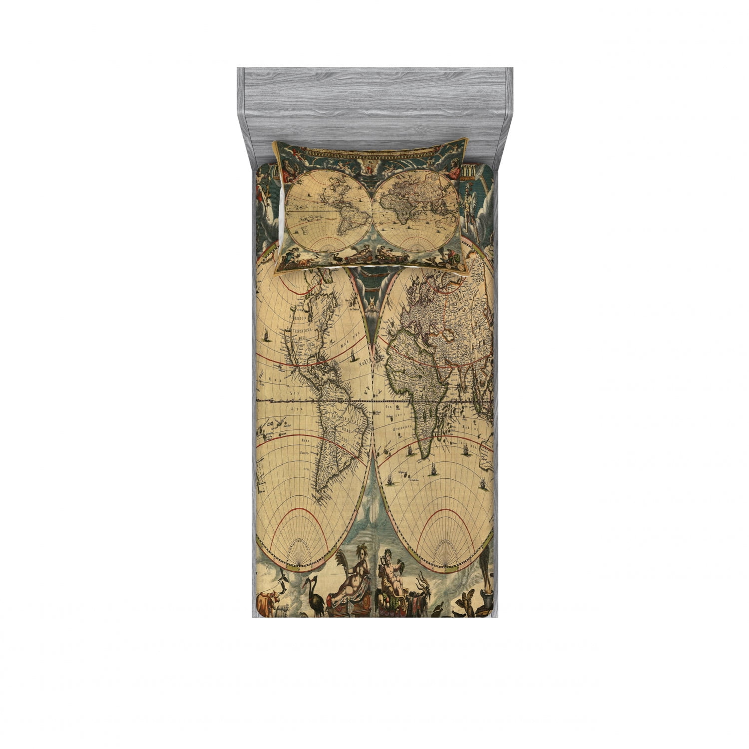 Vintage Bedding Set with Sheet & Covers, Dated Old Map of World