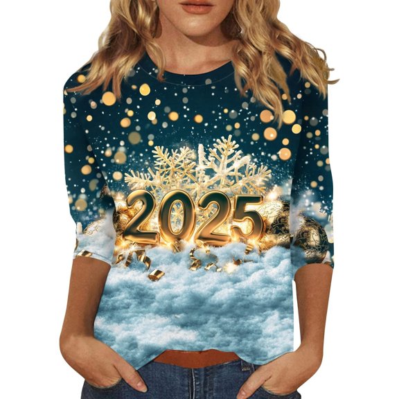 Ladies Tops And Blouses New Years Outfits Women Casual 3/4 Sleeve Round Neck 2025 New Year Printed Graphic Plus Size Tops Women'S Clothing