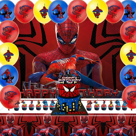 Cartoon party supplies, Spiderman birthday party decorations including happy birthday banner, balloons, cake topper