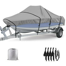 Waterproof Boat Cover, 14-16FT Trailerable Boat Cover Heavy Duty Bass Boat Covers, All-Weather Mooring Cover Outdoor Protection Fits V-Hull, Tri-Hull, and Runabout, Grey