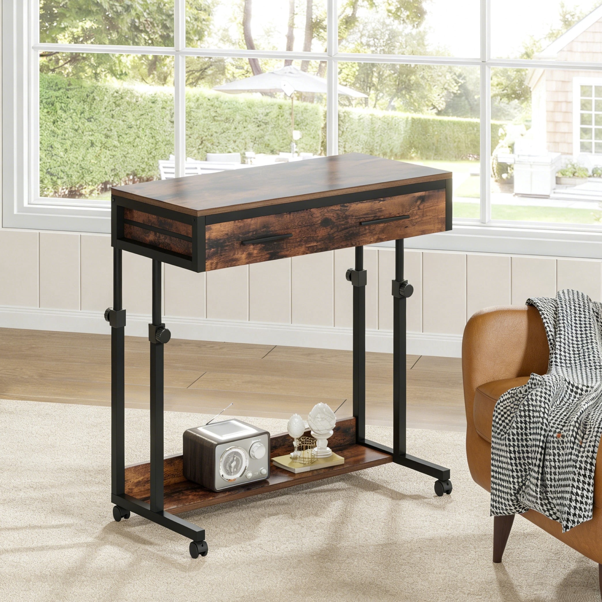 Fnova Mobile Desk with Drawers, Portable Laptop Desk on Wheels, Sofa Side Table, Bed Desk, Small Standing Desk for Home Office