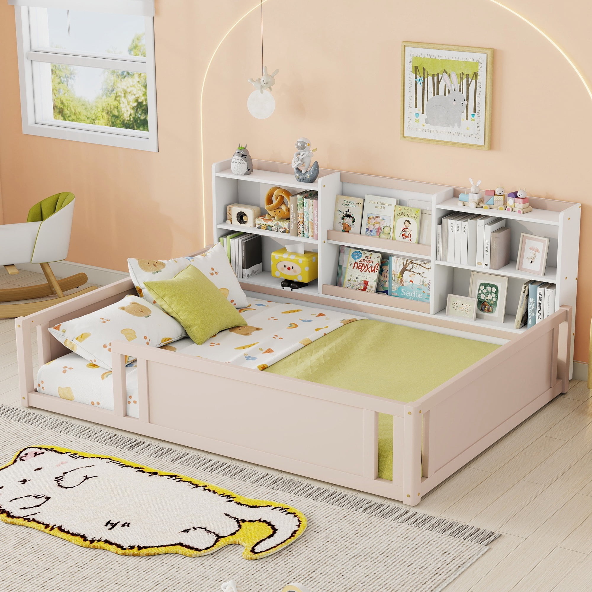 Mintazer Full Size Montessori Floor Bed with Bookcase Headboard & Guardrails, Kids Platform Bed Frame with 6 Cubby Storage Shelves for Bedroom, White & Natural